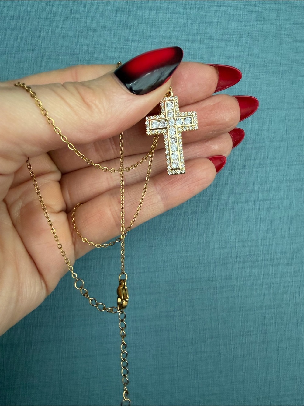 Gold Stainless Steel Crystal Cross Pendant Necklace